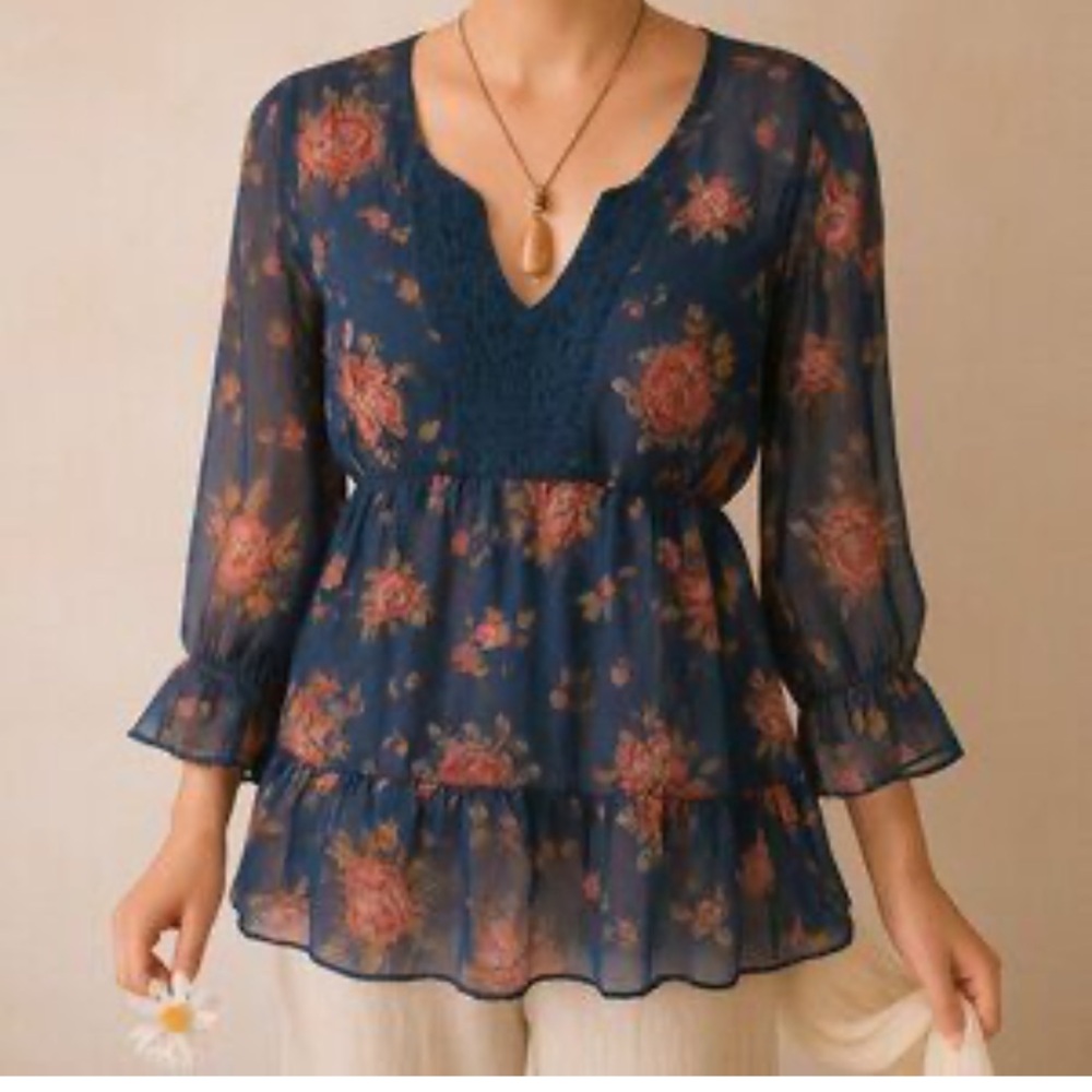 Navy Blue & Red Rose Floral Sheer Bell Sleeve Top